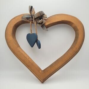 Wooden Heart Wall Decor Bow and Hanging Blue Hearts Rustic Cottage 9 in Y2K